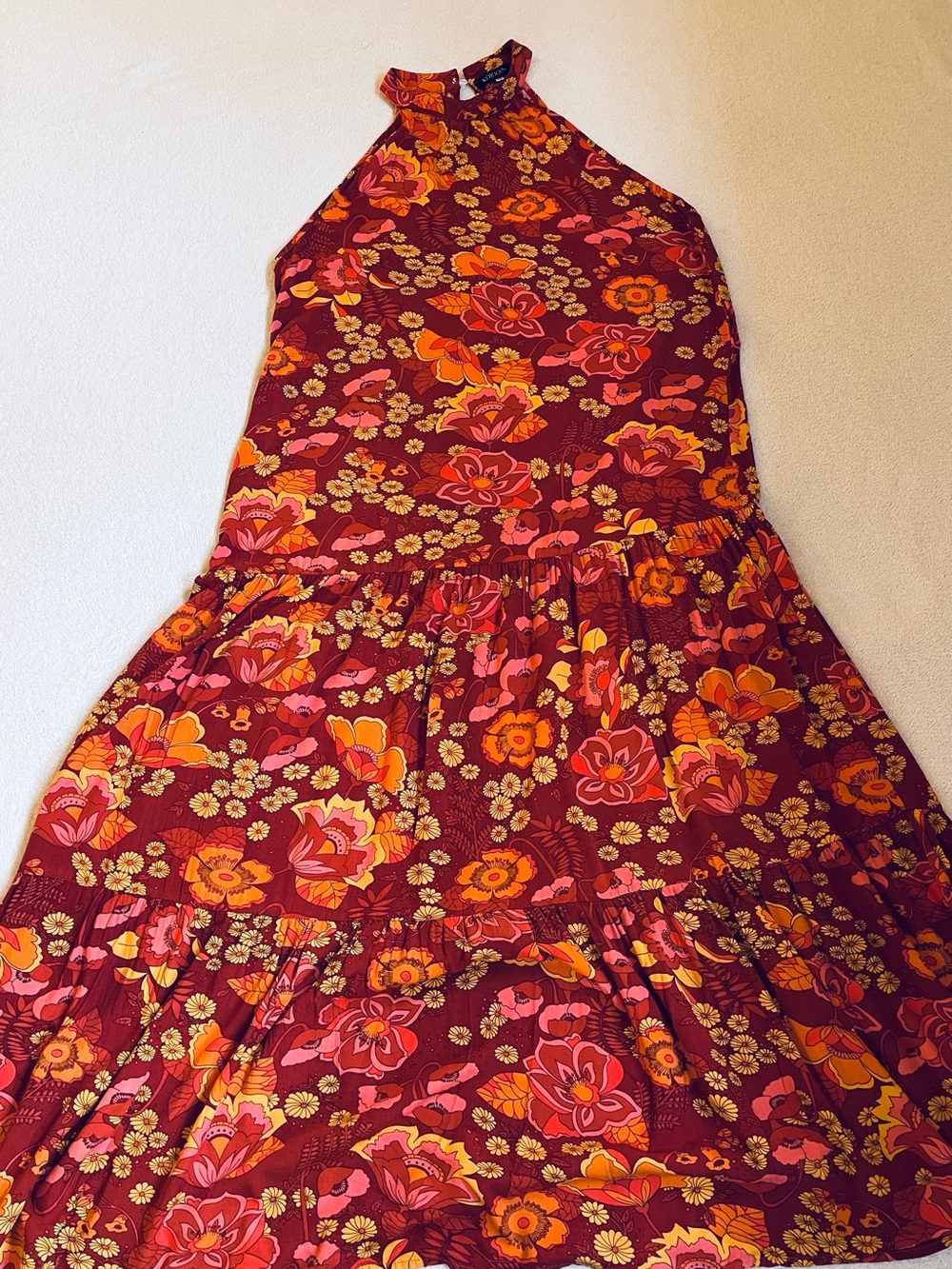 Kojooin Halter Floral Maxi Dress, Burgundy, Pink & Orange Print, Women’s, Size M